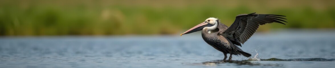 Large brown pelican scans marsh for prey, wings partially outstretched , nature, avian, natural habitat