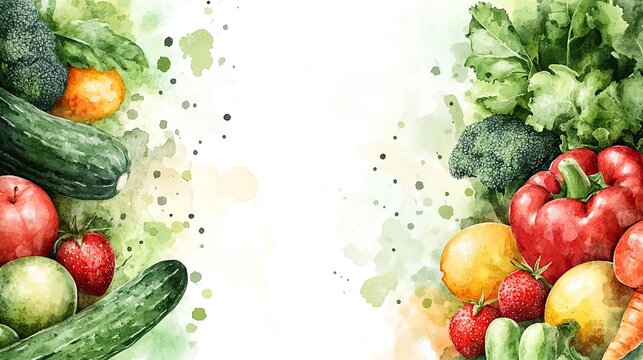 Watercolor painting of fresh fruits and vegetables creating a vibrant and healthy border