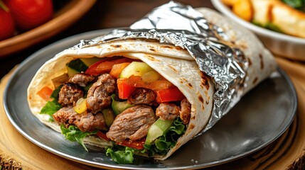 A close-up of a doner wrap bursting with ingredients, wrapped in foil.