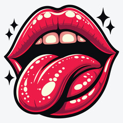 Lips with tongue icon flat style. Red open mouth with tongue sticking out. Isolated on white background. Retro, pin-up. Vector illustration