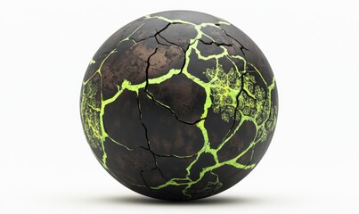 Cracked sphere with glowing green fissures on white background for sci-fi projects