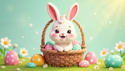 Obraz premium Easter Bunny In Basket With Eggs Featuring Playful Easter Theme And Whimsical Character Design For Festive Branding And Seasonal Marketing Campaigns, AI Generated