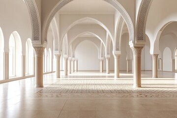 Fototapeta premium Serene Islamic Mosque Interior with Ornate White Arches and Columns