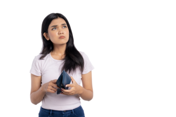 Worried young Asian woman looking up while holding an empty wallet, thinking about financial problems, isolated on transparent background