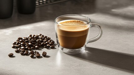 Hot coffee glass cup  and coffee beans on gray background, espresso coffee in a transparent cup with crema
