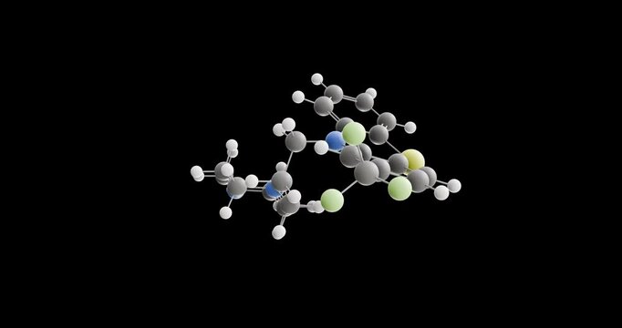 Trifluoperazine molecule, rotating 3D model of antipsychotic, looped video on a black background