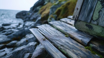 Serene Shoreline with Weathered Wood Planks