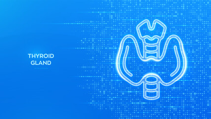 Thyroid gland icon. Thyroid health care. Awareness of Endocrine diseases hyperthyroidism, hypothyroidism. Endocrinology. Blue medical background made with cross shape symbol. Vector illustration.