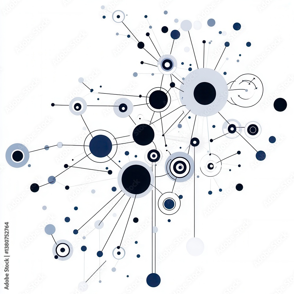 Wall mural abstract network graphic with interconnected circles and lines in shades of blue and gray on a white