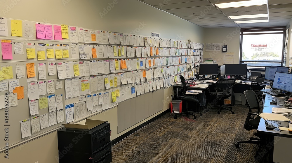 Poster strategic planning session with a kanban board displaying project phases and workflow progress.