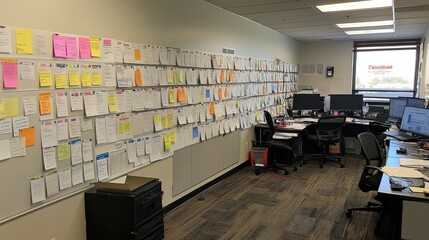 Strategic planning session with a Kanban board displaying project phases and workflow progress.