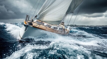 A sailboat with white sails navigates through rough ocean waves under a dark