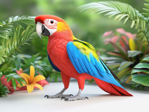 Colorful 3d illustration of a cute jungle parrot with vibrant feathers and detailed body in full view