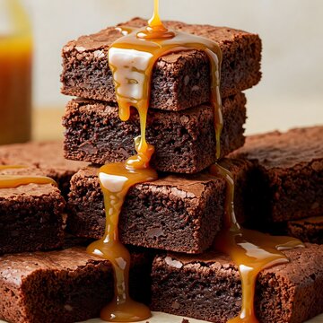 Rich chocolate brownies cut into squares, stacked, with a drizzle of caramel on top.