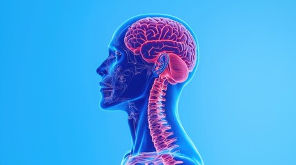 Detailed Human Brain and Spinal Anatomy on Bright Blue Background
