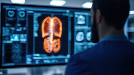 Medical Professional Analyzing Lung Imaging on Digital Screen