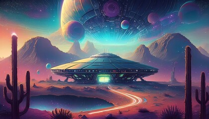 A color chromatic metallic large structure with a glowing orb in the sky, surrounded by smaller floating spheres; The structure colorful chromatic in another planet and futuristic fantasy structure