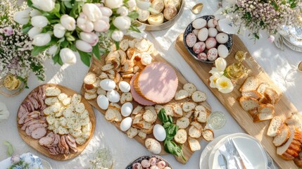 Outdoor Easter brunch buffet table setting, flowers, sunshine