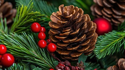 Fototapeta premium Festive pine cone, holly berries, and evergreen wreath detail, Christmas card design