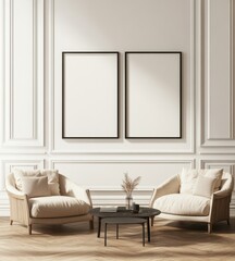 Two beige armchairs, coffee table, and blank frames in a minimalist room.