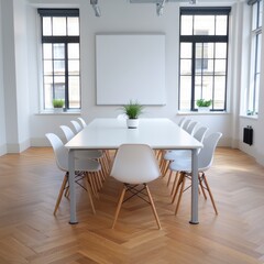 Modern minimalist conference room interior design with white table, chairs, and large windows.