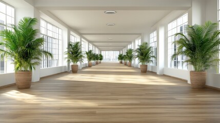 Bright sunlit long corridor with potted plants and hardwood floor.