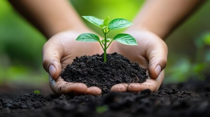 Hands holding a young plant seedling in soil.