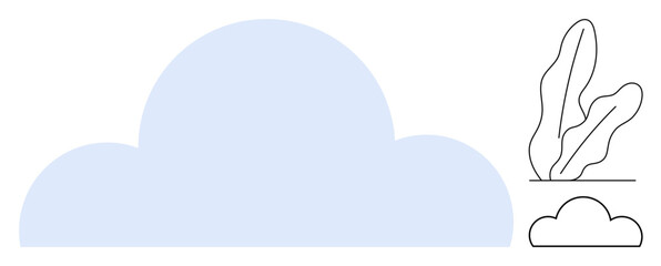 Blue cloud with minimalist plant sketches. Ideal for weather, ecosystem, growth, sustainability, innovation, outdoor, artistic themes. Flat simple metaphor