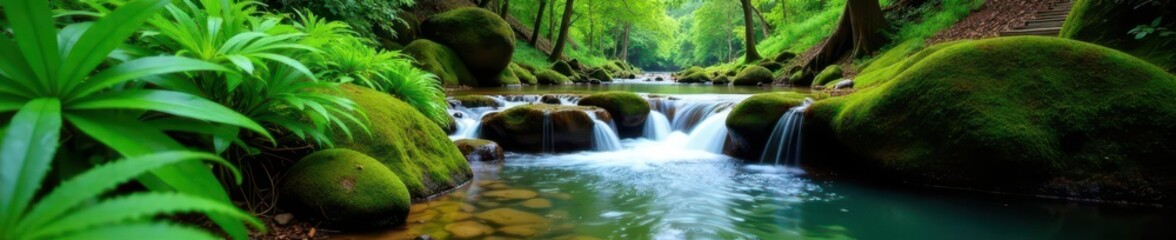 Clear water flows over mossy rocks, abundant ferns line the banks , nature, green