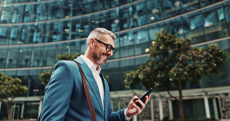 Business, smile and man with smartphone, outdoor and internet with social media, message to contact...