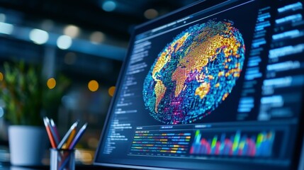 Close up of laptop screen displaying a colorful, data driven visualization of the Earth, with a blurred background showing office supplies.