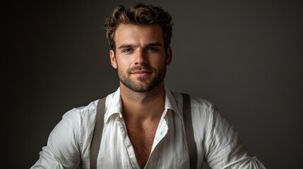 Obraz premium Half-faced portrait of serious concentrated confident brutal chic handsome attractive classy modern guy wearing classic white shirt suspenders isolated on gray background copyspace empty blank