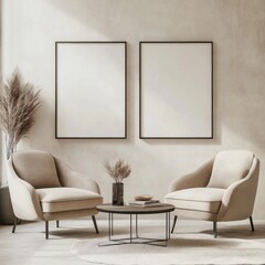 Two beige armchairs face each other across a small round table in a minimalist living room setting with two blank frames on the wall.