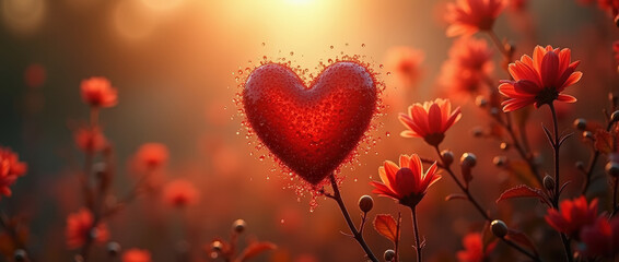 Obraz premium Heart shaped decoration amidst vibrant flowers during sunset