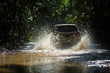An SUV crossing a shallow river, water spraying in all directions