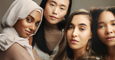 Beauty, friends and portrait of women in studio for skincare, cosmetics and makeup. Diversity, brown background or face of people with natural skin for inclusion, support or glow for facial treatment