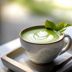 Savoring a matcha latte cozy  culinary delight calm atmosphere close-up shot moment of bliss