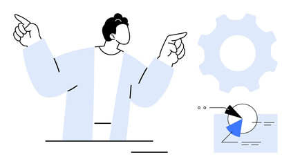 Person gesturing towards data analytics charts and cogwheel, representing collaboration, innovation, strategy, teamwork, process efficiency, business goals, and data-driven decisions. Flat simple