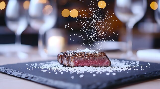 Sizzling steak gourmet experience in an upscale restaurant with elegant ambiance and close-up photography