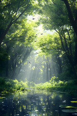 Obraz premium Tranquil Cascade: Sunlit Stream and Forest Symphony in Harmony