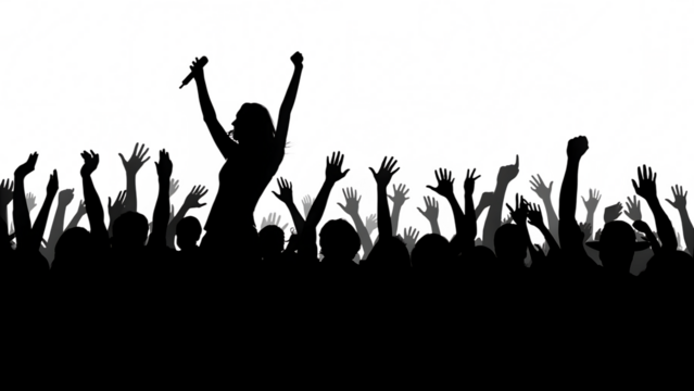 black white excited crowd with raised hands isolated on white background, PNG.