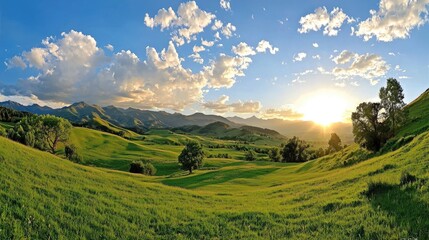 Fototapeta premium A panoramic view of rolling green hills under a golden sunset sky.