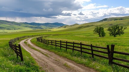 A peaceful countryside landscape with a wooden fence and a dirt road winding into the distance.