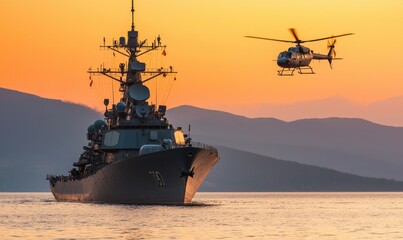 Military Vessel and Helicopter at Sunset Over Calm Waters