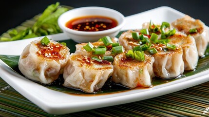A plate of freshly steamed dumplings with soy sauce and chili oil.