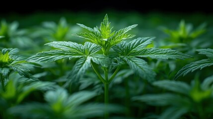 Fototapeta premium Lush Cannabis Plants Cultivated Indoors: A Close-Up View of Vibrant Green Foliage