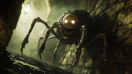 Creepy Giant Spider Lurking in Dimly Lit Underground Tunnel