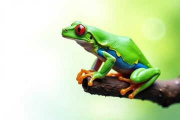 Green tree frog perched on white, vibrant colors, rainforest, amphibian