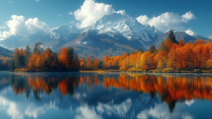 Fototapeta premium Lake reflects colorful autumn trees against snow-capped mountains under a blue sky
