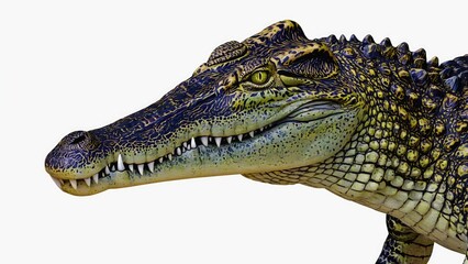 Naklejka premium Close-up photo of an alligator's head on a white background, useful for wildlife or conservation themed projects